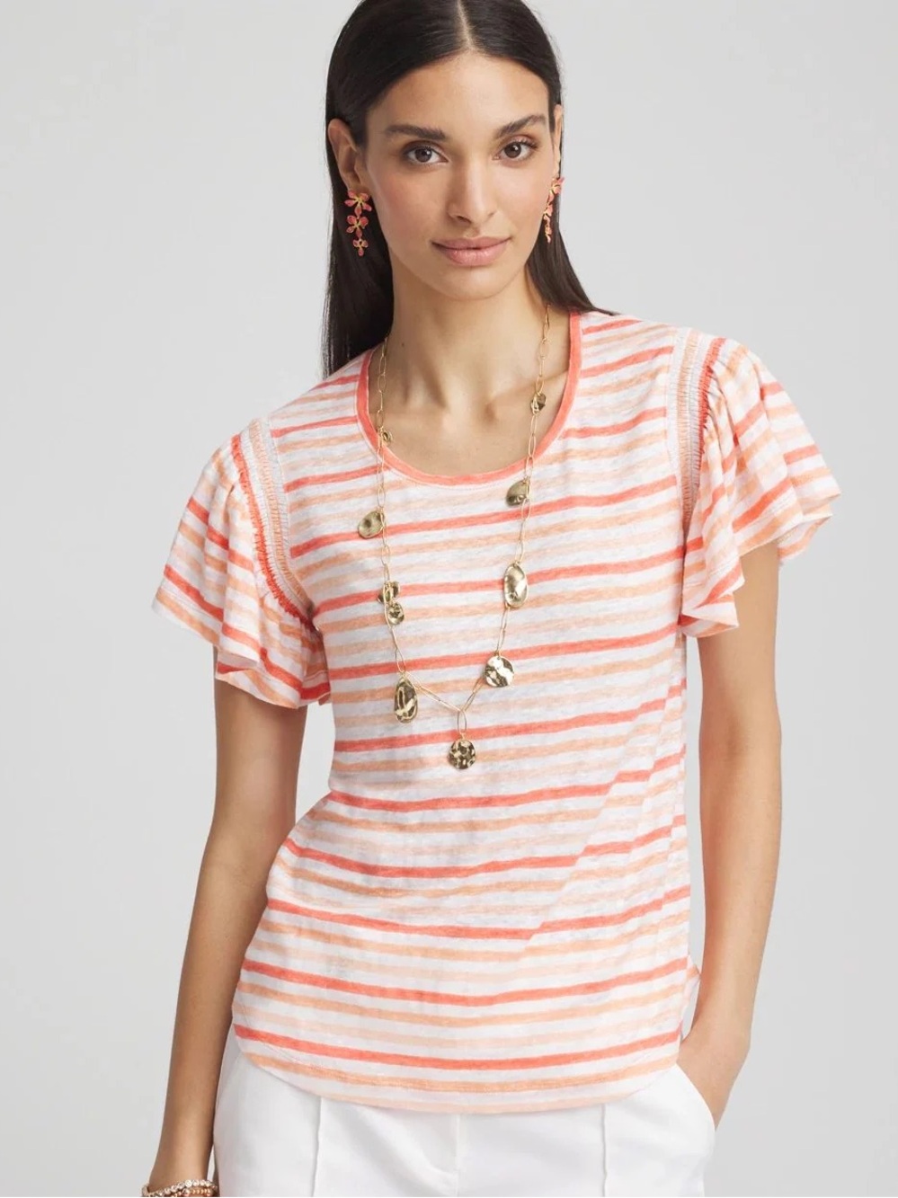 Striped Linen Smocked Flutter-Sleeved Tee 100% Linen - Sz 3 (XL 16) NWT